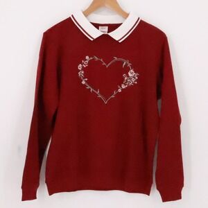 Heart Floral Embroidered Collar Sweatshirt Cottage Grandma Maroon Retro  Size M